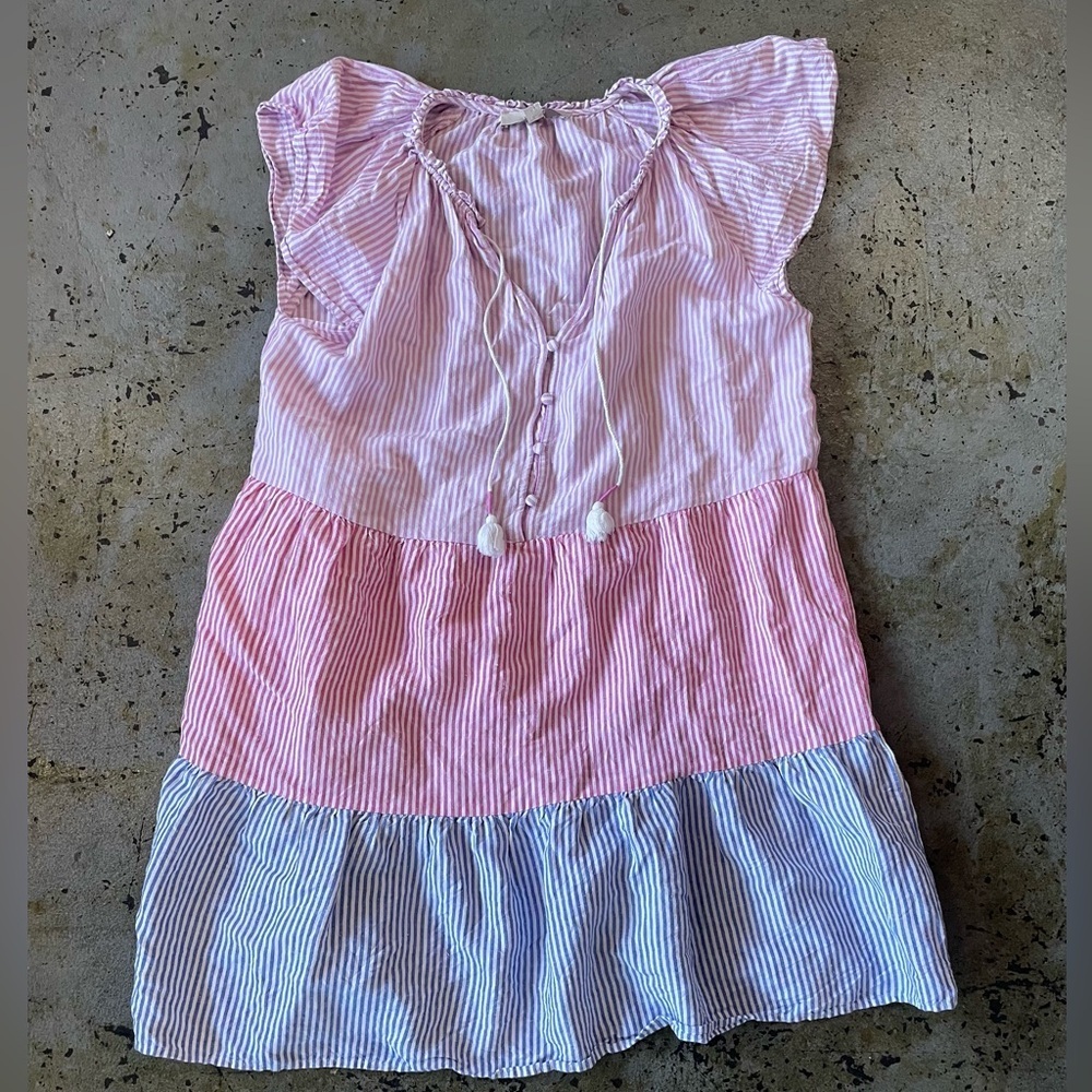 LOFT Swing Dress Size Large Multi Striped Tiered Linen Blend Babydoll Tasseled